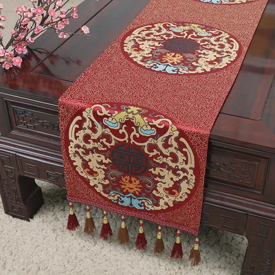 Custom Tassel Jacquard Tablecloth, Thick Chinese Silk Satin Table Runner, Luxury Rectangle Coffee Mat, High Density Banquet