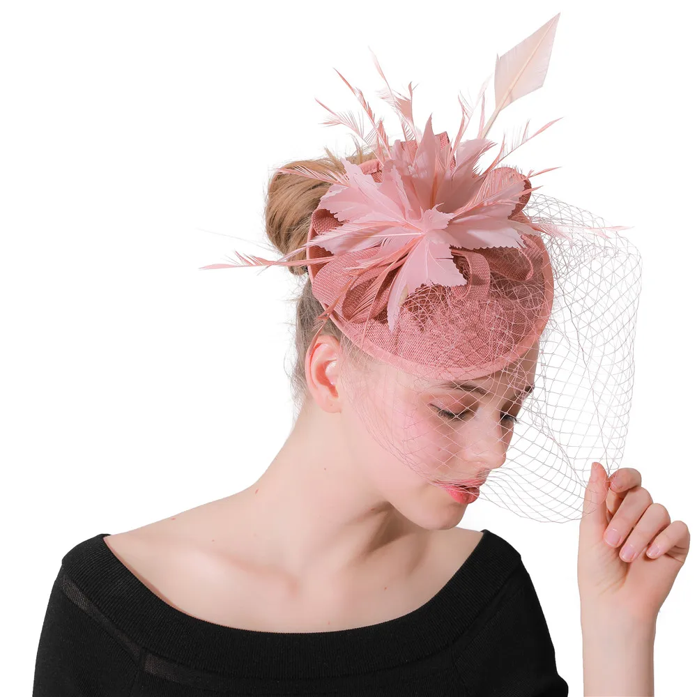 

Wedding Peach Fascinators Hats With Face Veils Bridal Headpieces Ladies Fancy Races Feather Flower Party Imitation Sinamay Hat