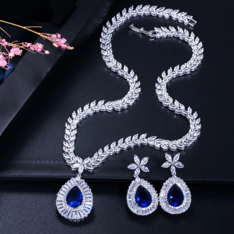 

ThreeGraces Gorgeous Blue Cubic Zirconia Stone Big Water Drop Earrings Necklace Bridal Wedding Party Jewelry Set for Women TZ904