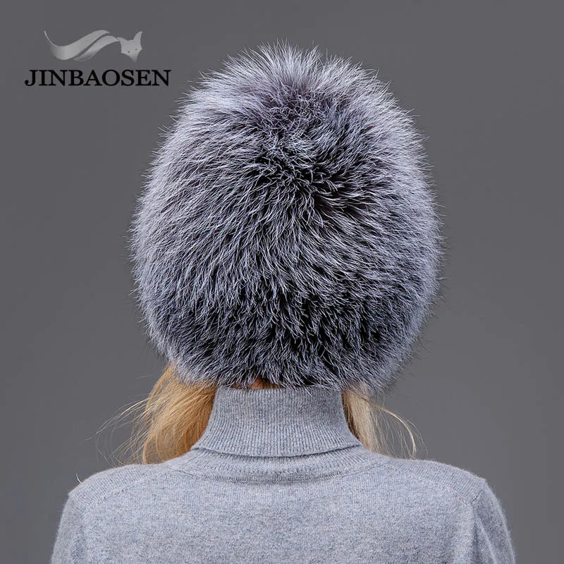 JINBAOSEN Female Winter Fur Hat Real Fox Fur Hat Knitted Silver Fox Fur Hat Female Bomer Cap