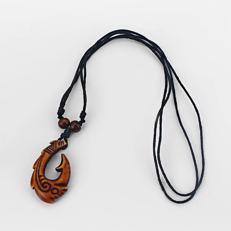 New Fashion 1pcs Carved yak Bone Fish Hook Pendant New Zealand Maori / Polynesian / Hawaiian Necklace