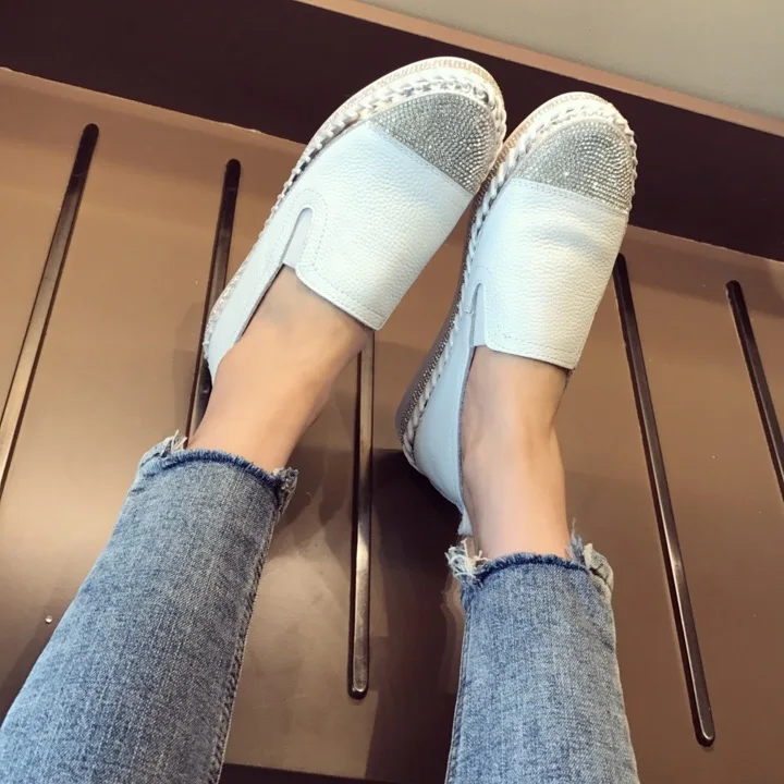 European Famous Brand Patchwork Espadrilles Shoes Woman Genuine Leather Creepers Flats Ladies Loafers White Leather Moccasins