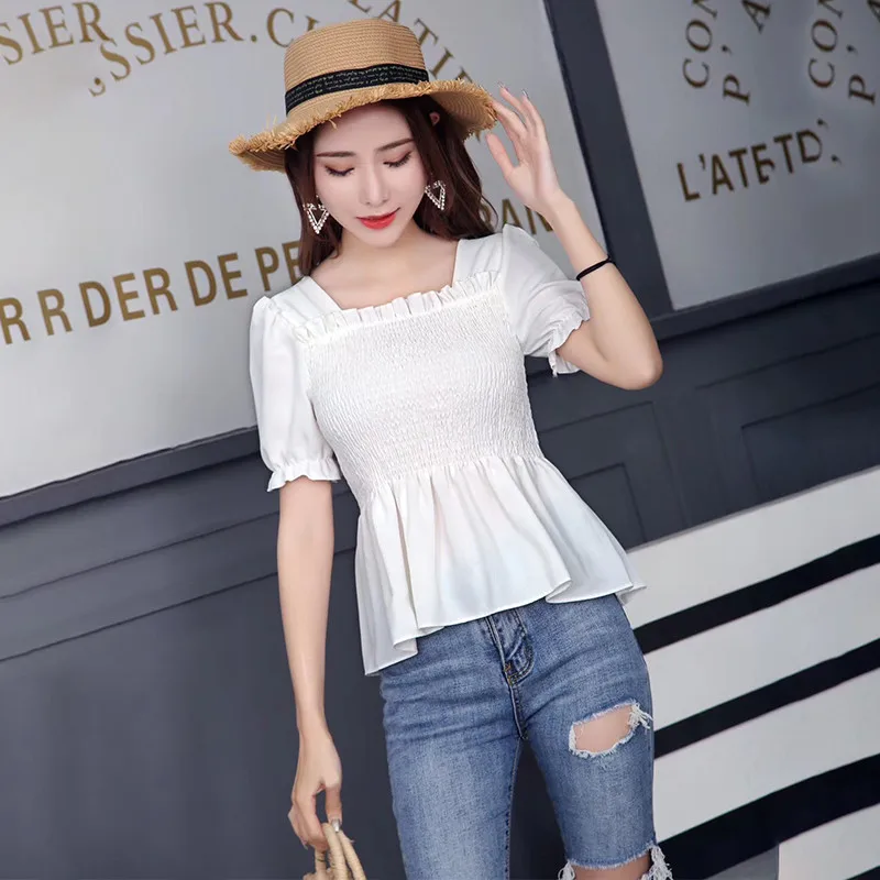 2019 New Women Summer Ruffles Blouse Sexy Tie Chiffon Blouses Female Slim Solid Bottoming Short Sleeve Shirts Short Tops AB1371