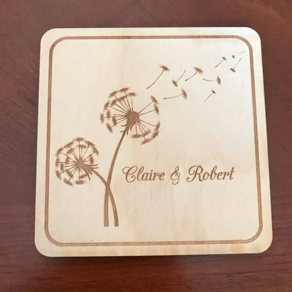 Personalized Laser Engraved Wooden Coaster With Dandelions Design