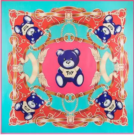 130cm*130cm High Quality Large Square Scarves Twill Shawls,Luxury Brand Toy Bear Chain Print Silk Scarf For Women Headband D619