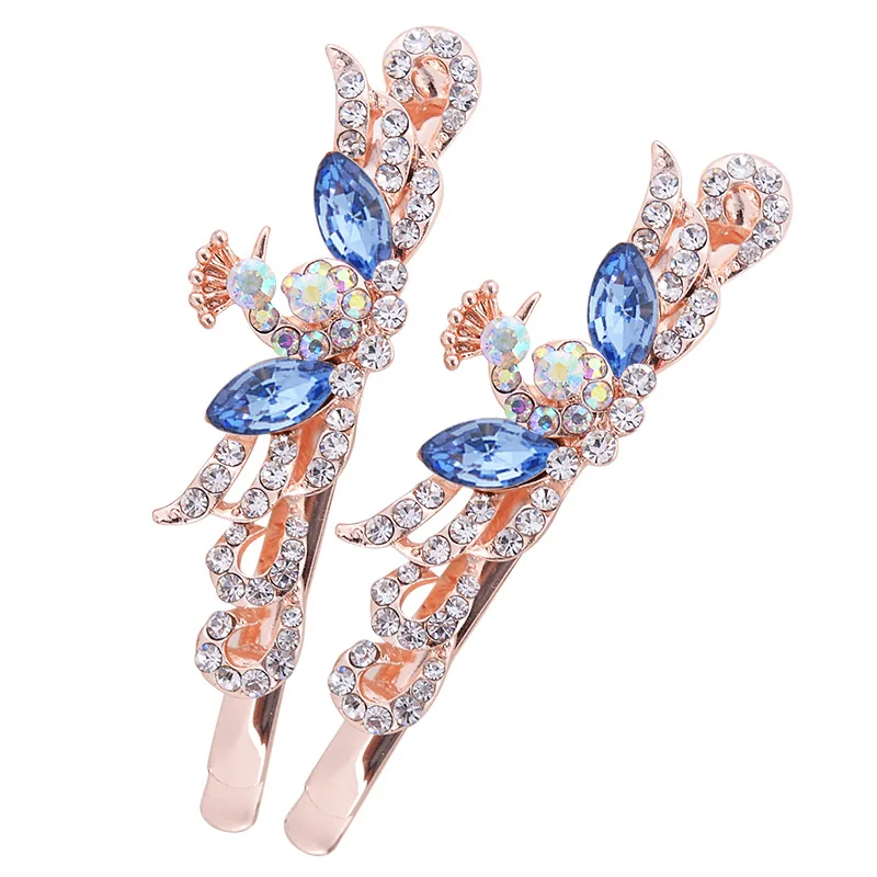 EASYA One Pair Peacock Hairpin Hair Jewelry Fashion Crystal Rhinestone Hair Clips Hair Accessories For Women Girls