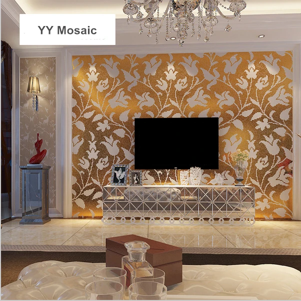 

Customized White Flower Gold Crystal Glass Puzzle Art Mosaic Tile for Wardrobe Bathroom Hotel Entrance Backdrop YY-233