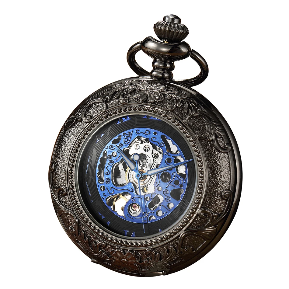 Luxury Magnifier Hand Wind Mechanical Pocket Watch Mens Steampunk Skeleton Pocket Fob Watches Engraved Men Gift Relogio De Bolso