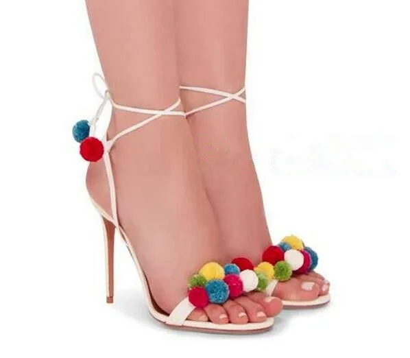 

Colorful fur balls charming ankle strap high heel sandals open toe suede stiletto heel summer shoes dress sandal