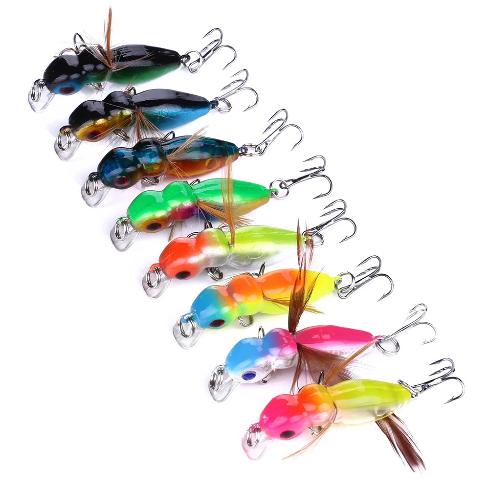 

8PCS Mini Artifician Insect Lure Plastic Hard Bait Feather Wing baits Top water Flying Lures 4.5cm 3.4g