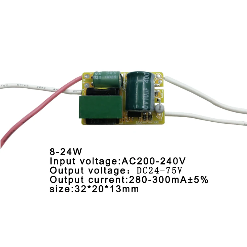 8-24W giriş voltajı: AC200-240V çıkış voltajı: DC24-75V çıkış akımı: 280-300mA ± 5% boyut: 32*20*13mm 18-36W giriş voltajı: AC200-