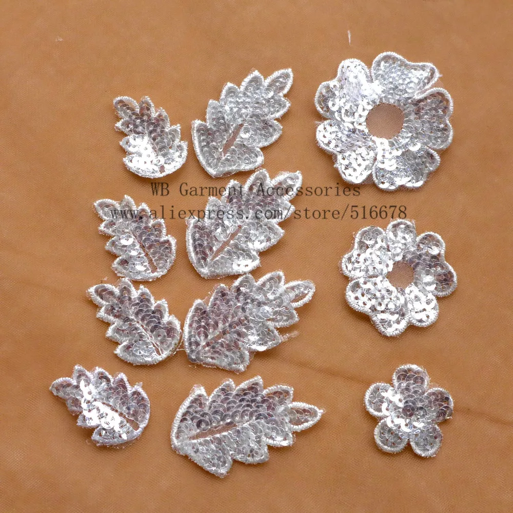 

100pieces/lot beautiful off white handmade flowers/leaves sequins embroidery applique patch diy sew-on clothes accessories