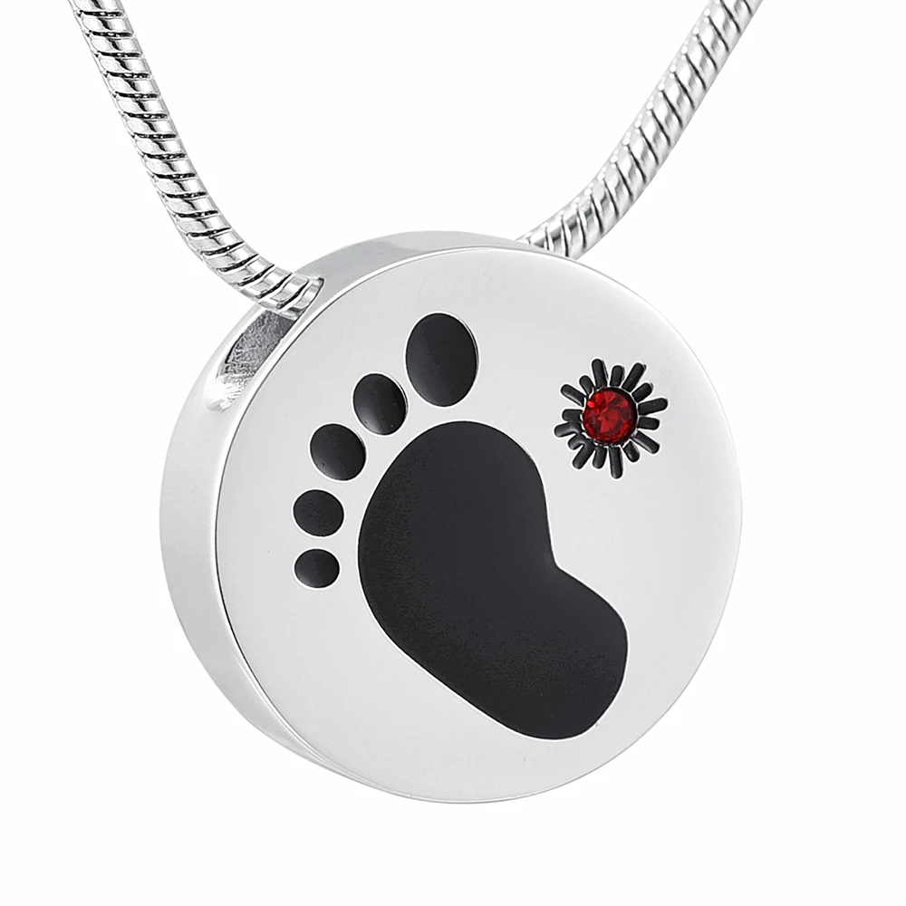 IJD9911 Hold Red Crystal Footprint Round Shape Stainless Steel Memorial Urn Jewelry Pendant Cremation necklaces to put ashes in