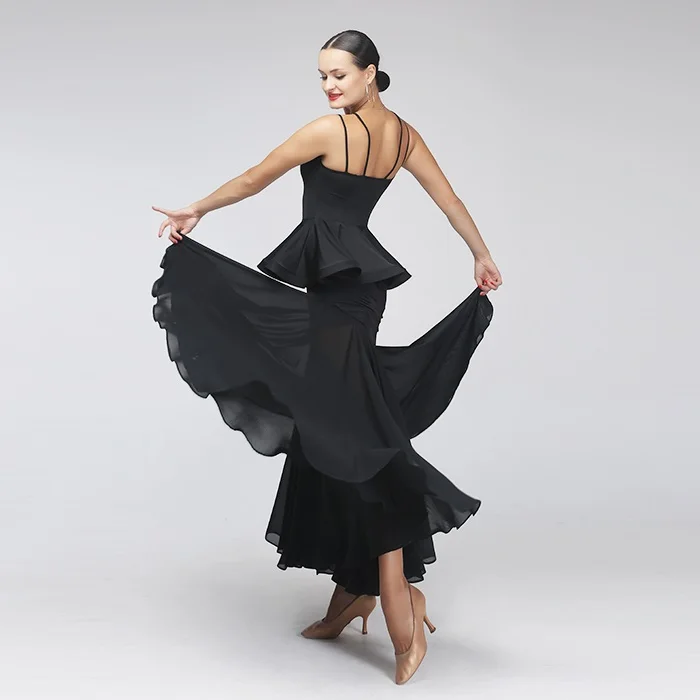 Robe de danse moderne noire, robe standard de salle de bal, robes de concours de danse à franges, robe de valse flamenco