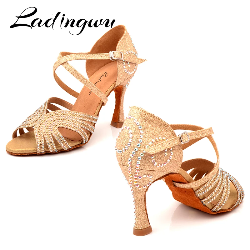 

Ladingwu Glitter Latin Dance Shoes Women Salsa Shining Rhinestone Ballroom Dancing Ladies Tango Dance Sandals Glod Dance Shoes