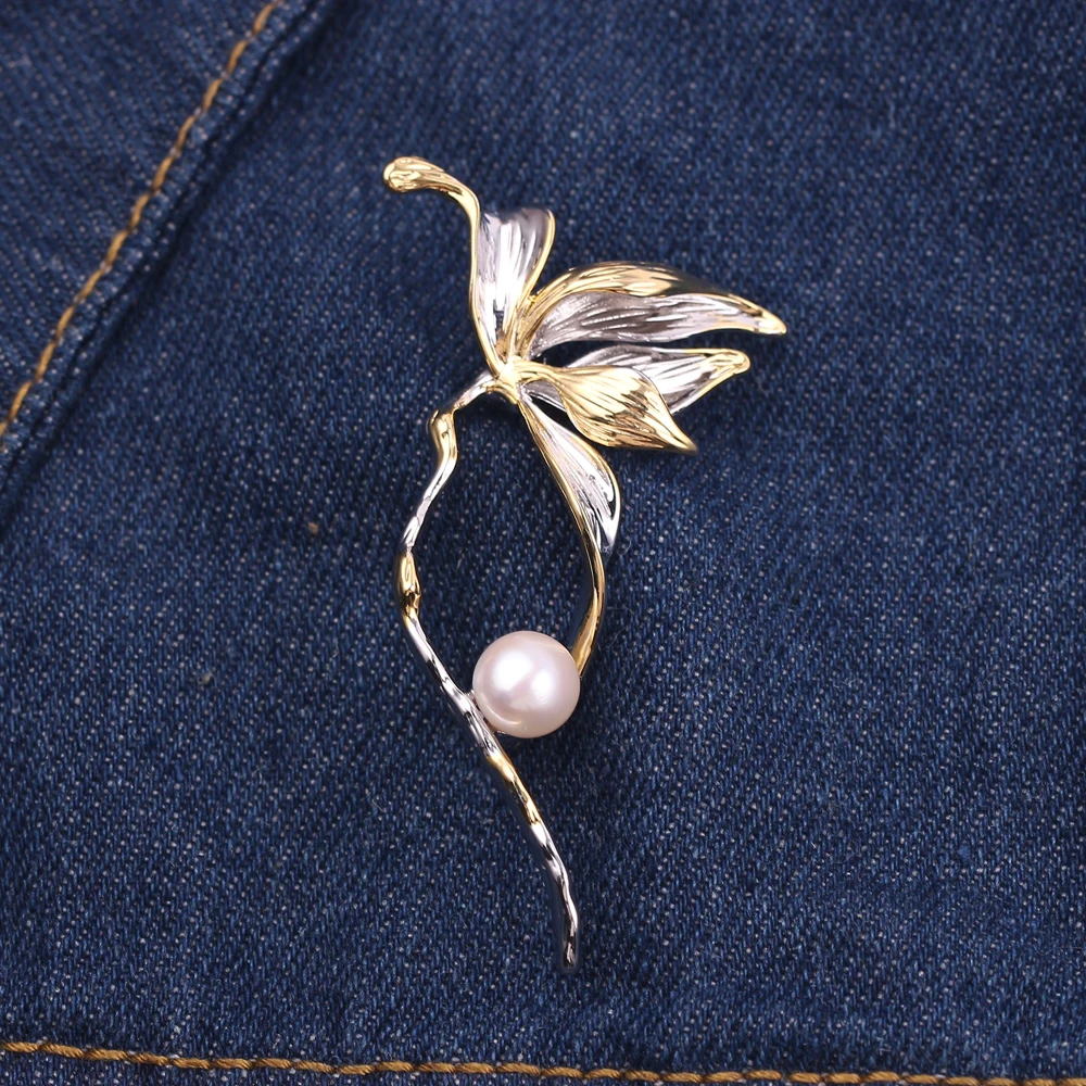 Tulip Pin Brooch Natural Freshwater Pearl Flower Shape Brooches For Women Wedding Jewelry Accessories