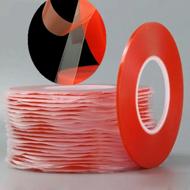 0.2MM 1/2/3/5/10mm 50M Strong Acrylic Adhesive PET Red Film Clear Double Side Tape No Trace For Phone Tablet LCD Screen Glass