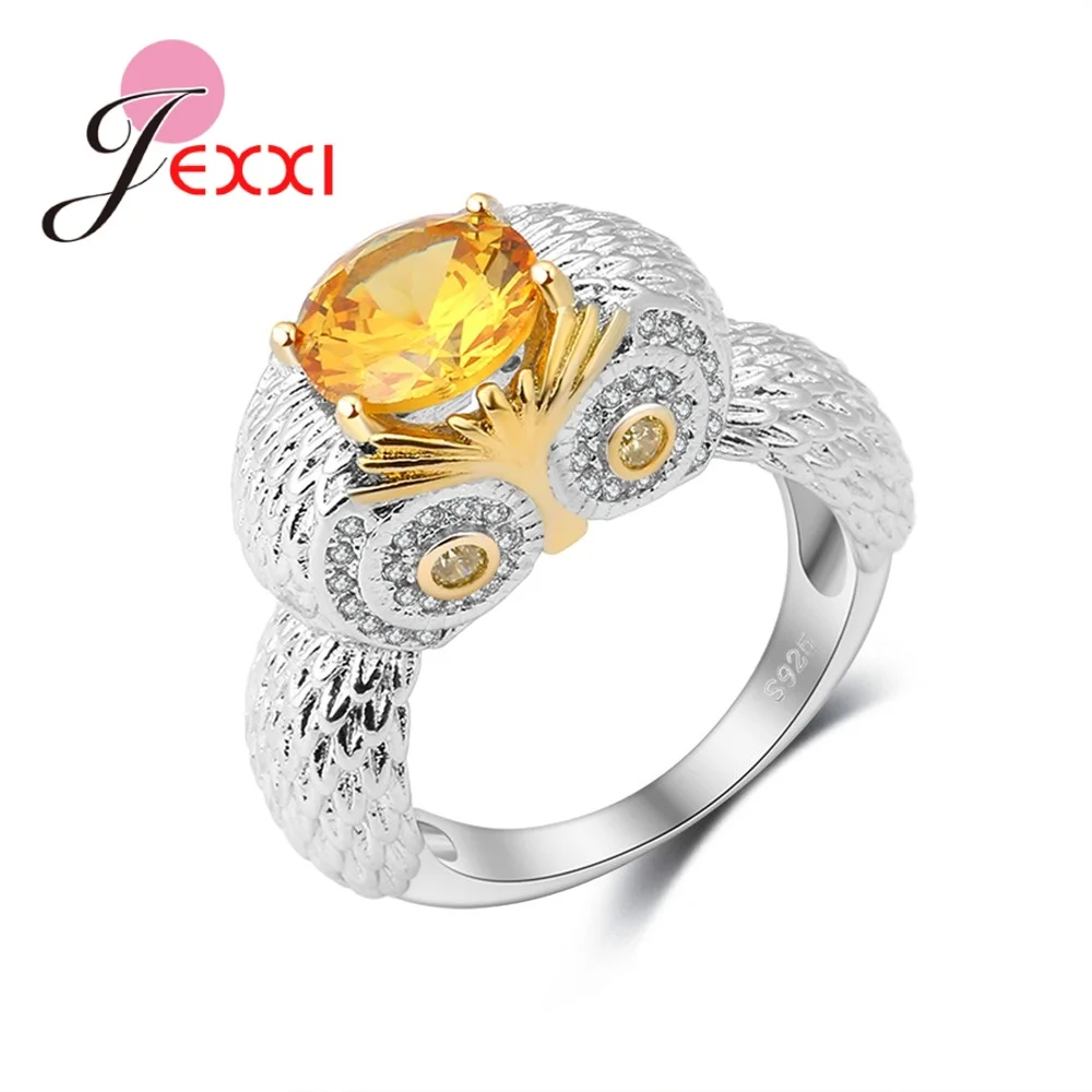 Newest Cute Owl Ring Design 925 Sterling Silver Animal Style Set Light Yellow Round Crystal Stone Women Party Normal Bague