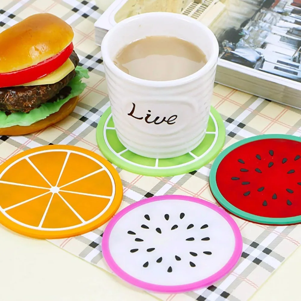 6 pcs Colorful Hot Drink Holder Jelly Color Fruit Shape Coasters Creative Skid Insulation Silicone Gel Cup Mat Pad