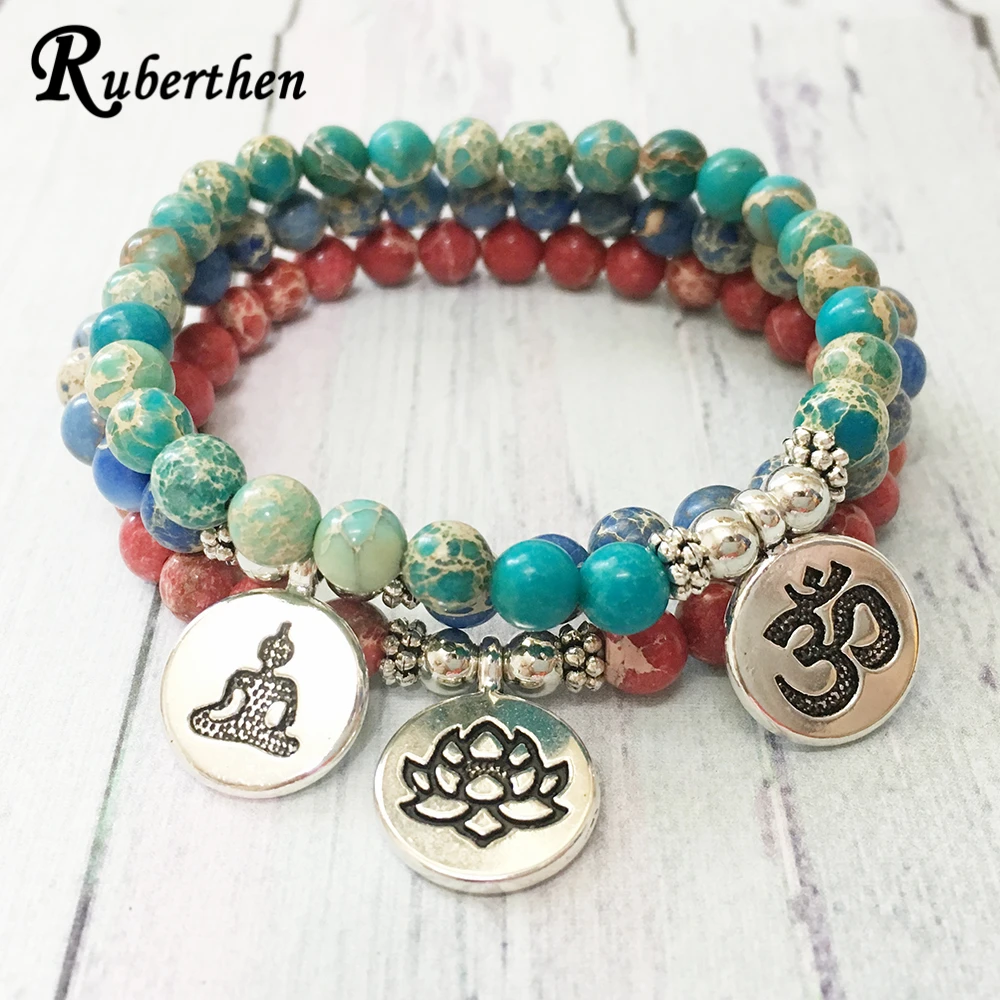 Ruberthen New Design 6 mm Regalite Bracelet Natural Stone Yoga Mala Chakra Bracelet Fashion Lotus Charm Bracelet for Women