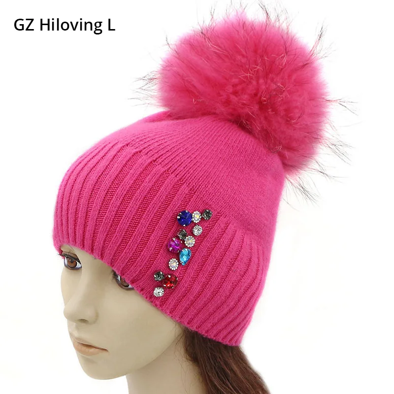 

GZHilovingL Winter Rhinestones Women Knitted Hat Real Fur Pompom Cap Hat Soft Wool Lady Girls Winter Cap Skullies Beanies Gorro