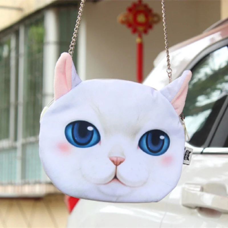 

Creative Cartoon Cat Women Cosmetic Storage Bag Personality 3D Cute Animal Cat Head Shoulder Handbags With Chain