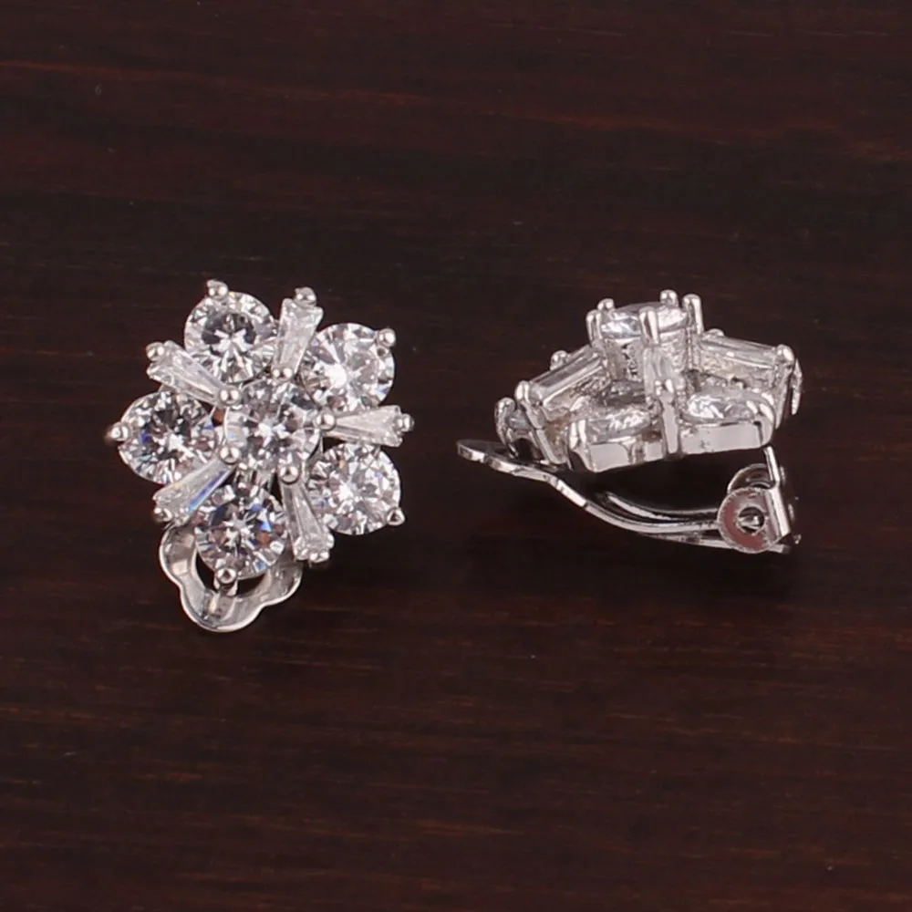 Grace Jun High-grade AAA Cubic Zircon Flower Shape Clip on Earrings for Women Bride Wedding Gorgeous Cushion No Pierced Earrings