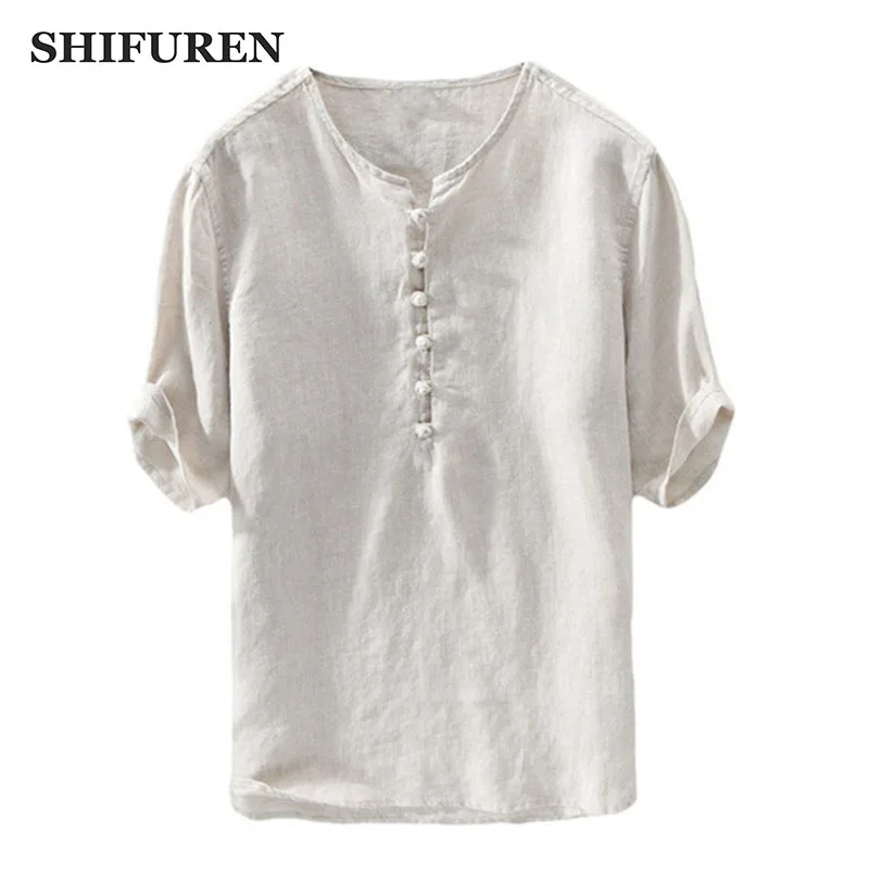 

SHIFUREN Summer Breathable 100% Pure Linen Shirts Men Half Sleeve Retro Chinese Traditional Kongfu Linen Shirts Size M-XXL