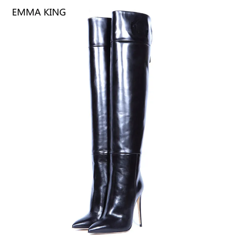 

Runway Black Leather Women Over The Knee Boots Pointed Toe Sexy High Heels Ladies Winter Shoes Woman Thigh High Long Knight Boot