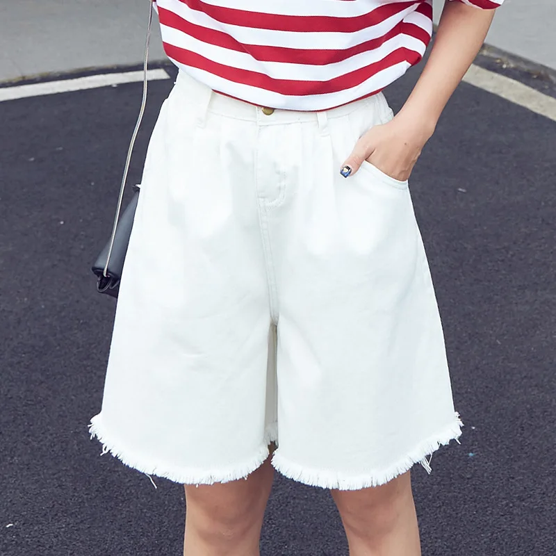 High Waisted Elegant Denim Shorts Womens Sexy Jeans Short MID-Length Wide Leg With Tassel Cotton Blue Thin Plus Size S-3XL image 4