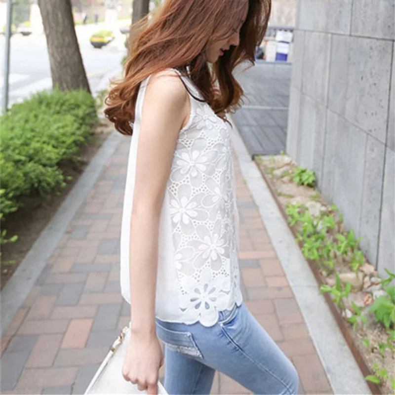 Top camicetta da donna Blusas Femininas Summer Lace senza maniche White Renda Crochet camicie Casual top e camicette donna