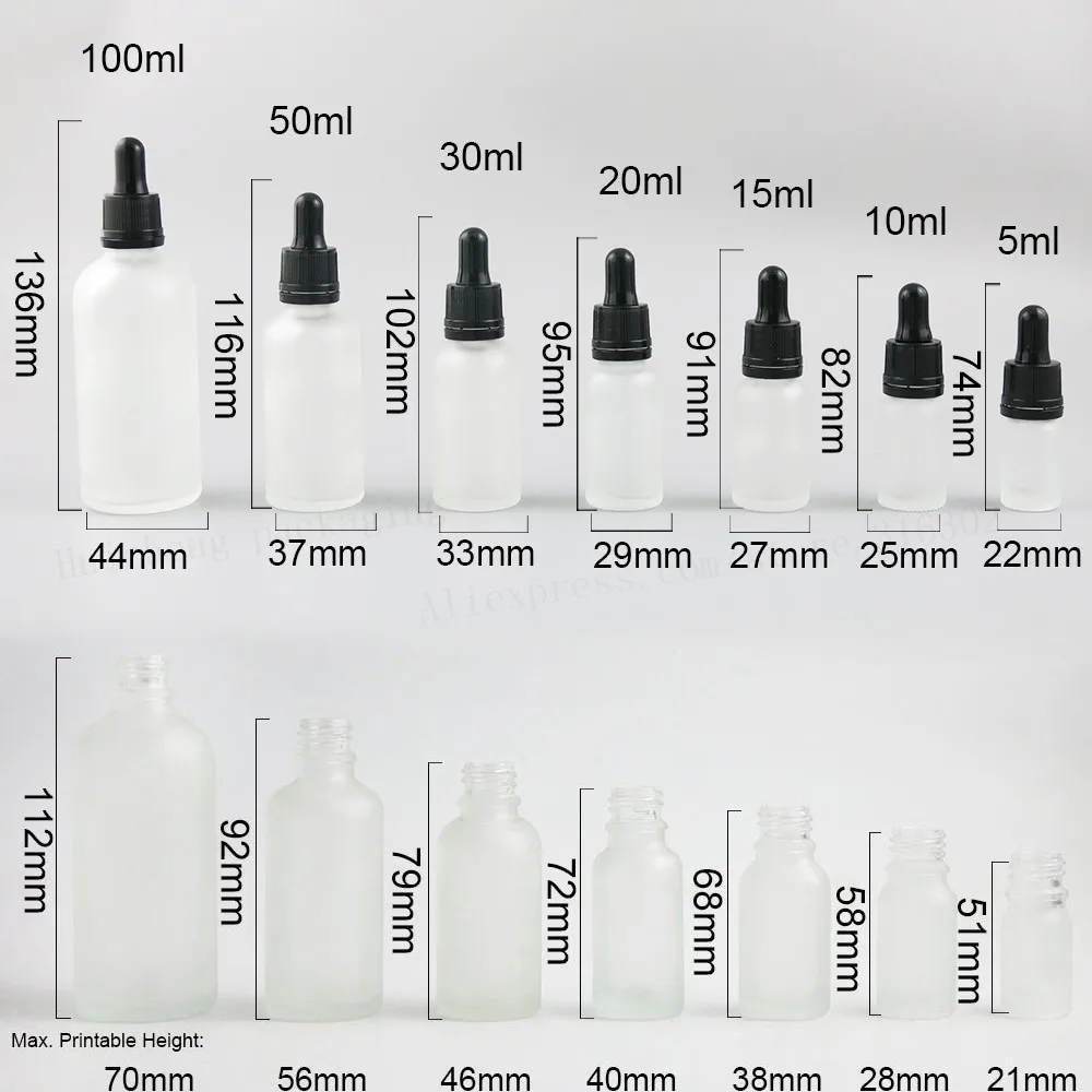 200  x Refillable Frost 100ML 50ML 30ML 20ML 15ML 10ML 5ML Glass Bottles with Glass Eye Dropper Dispenser for Essential Oils