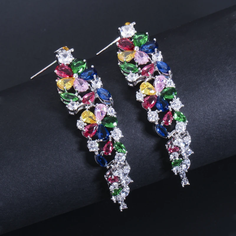 CWWZircons Multi Color Flower Shape Statement Cubic Zirconia Long Dangling Earrings Fashion Bridal Wedding Party Jewelry CZ422