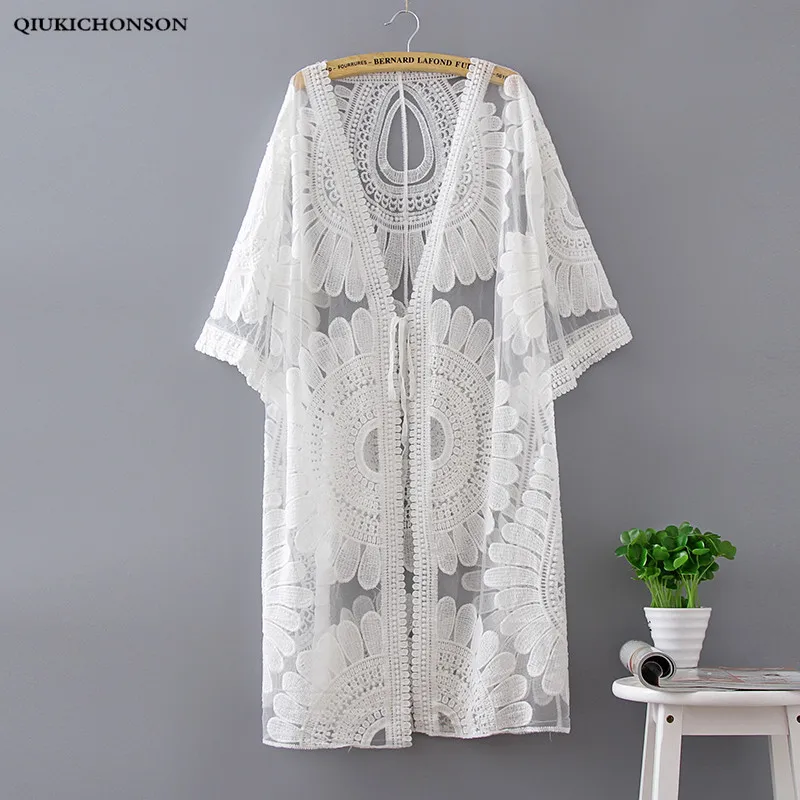 Qiukichonson Women Long Cardigan Summer Bohemian Sweet V-Neck Thin Embroidery Cotton White Lace Cardigan Ladies Sun Protection