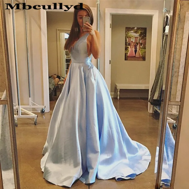 Mbcullyd Light Blue A Line Prom Dresses With Pocket 2023 Sexy V Neck Sleeveless Draped Formal Evening Gala Gowns Cheap Plus Size