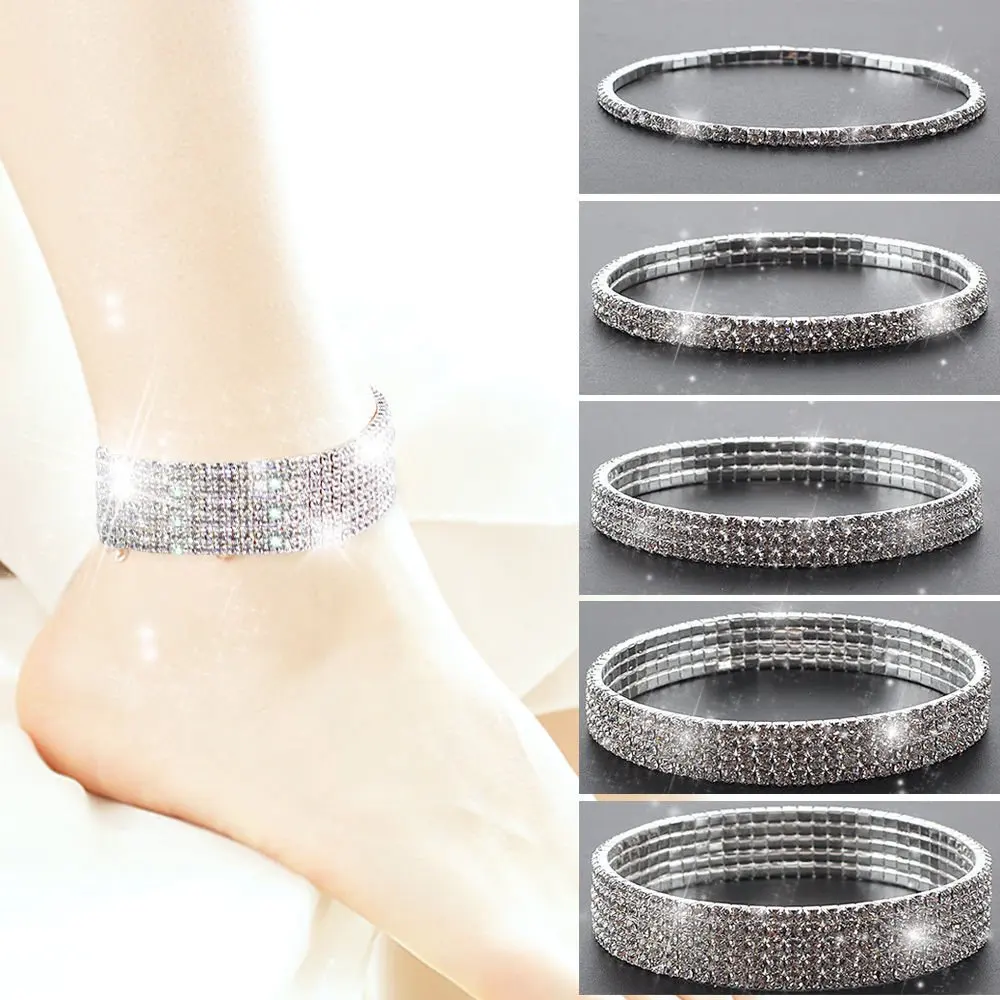 Sparkling Crystal Rhinestone Elastic Anklets for Women Ankle Bracelet Barefoot Sandals Pulseras Tobilleras Mujer Foot Jewelry