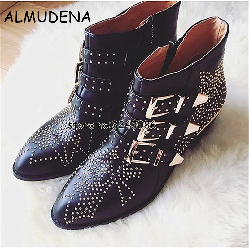 New Leather Black Red White Rivets Booties Buckle Straps Thick Heel Ankle Boots Studded Decorated Motorcycle Boots Shoes Woman