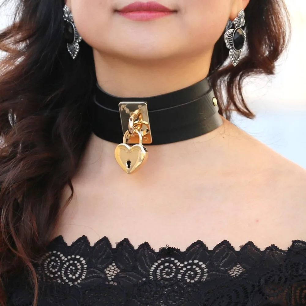 KMVEXO Gold Color Heart Choker Necklace Leather Collar Goth Maxi Harness Necklaces Women 2019 Black Gothic Chocker Punk Jewelry