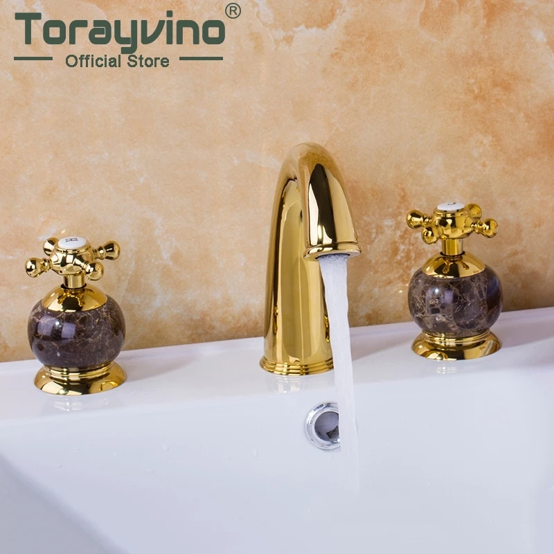 

Torayvino Luxury Deck Mounted Mixer Ceramic Gold Marble Taps Waterfall 3 Pieces Bathroom Bathtub Basin Sink Brass Faucet Set