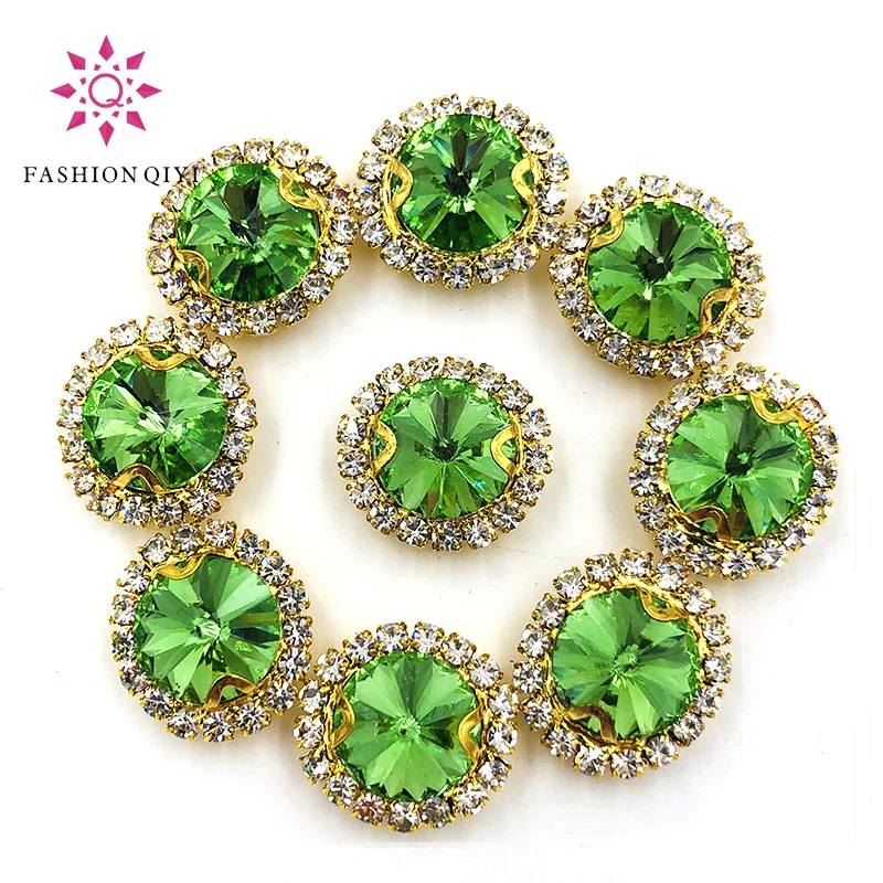 New 10pcs/pack Light green Round shape gold base sew on rhinestones Crystal button wedding decoration diy/clothing accessories