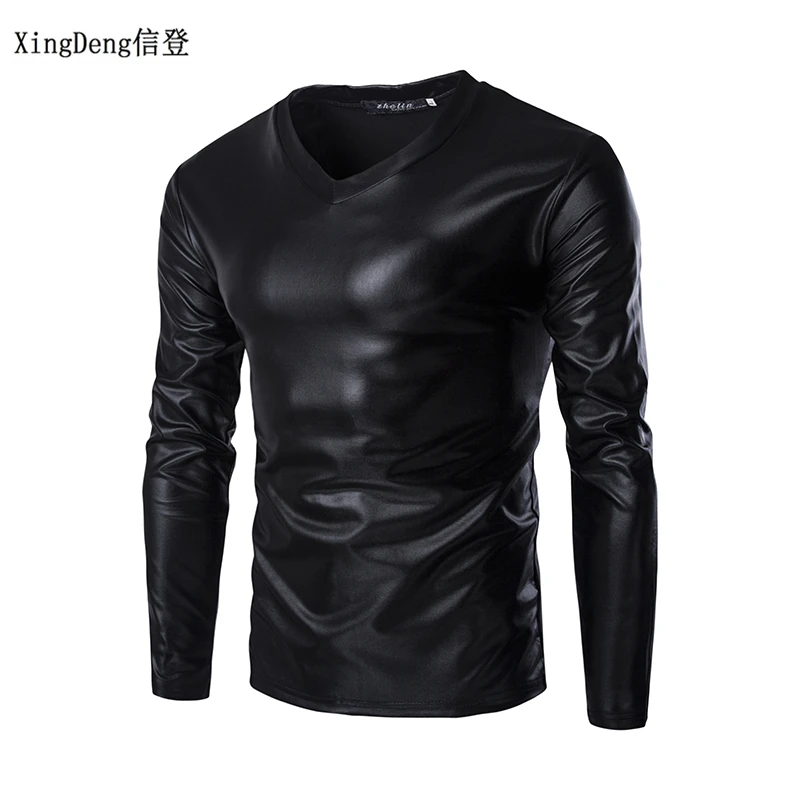 XingDeng Leather Sexy DJ Bar TOPS And Show Nightclub Clothing Men\'s Large Size Round Collar T-shirt Men Tees Spring Clothes