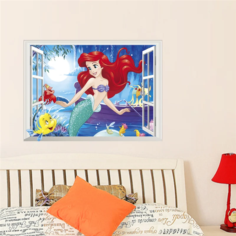 Ariel Mermaid Princess 3d Window Wall Stickers For Home Decoration Diy Kids Room Mural Art Girl's Decals Anime Posters