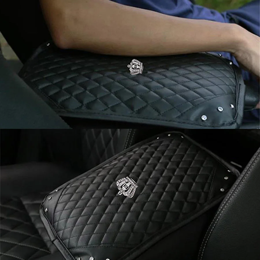 PU Leather Car Armrests Box Cover Pad Crown Crystal Rhinestone Vehicle Center Console Arm Rest Box Cushion Car Accessory