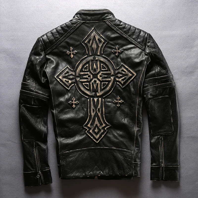 Factory Men's Motorcycle Leather Jacket Vintage Black Thick Cowhide Genuine Rider Jackets Back 3D Cross Biker Coats