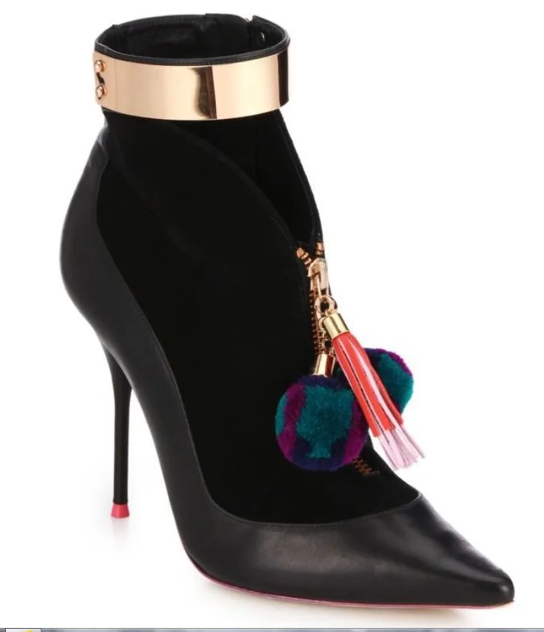 Stivaletti alla caviglia con punta a punta Patchwork in camoscio nero da donna scarpe con cinturino alla caviglia metallizzato dorato stivaletti con vestito Pom Pom multicolore