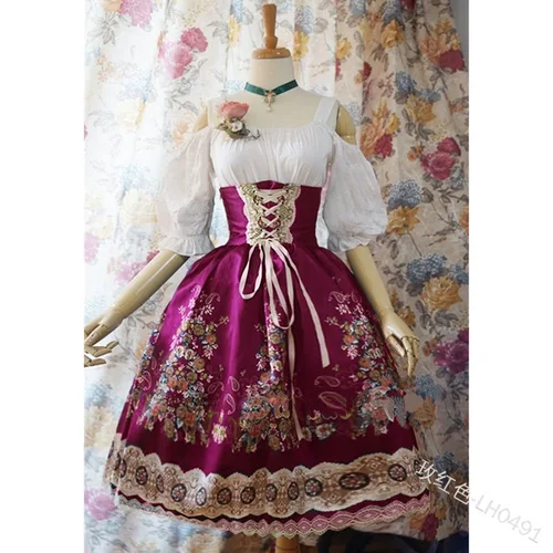 Imagen 2 del producto Vestido de talla grande para mujer, vestido de estilo gótico Lolita con hombros descubiertos, estampado Vintage, manga abombada, estilo vendaje