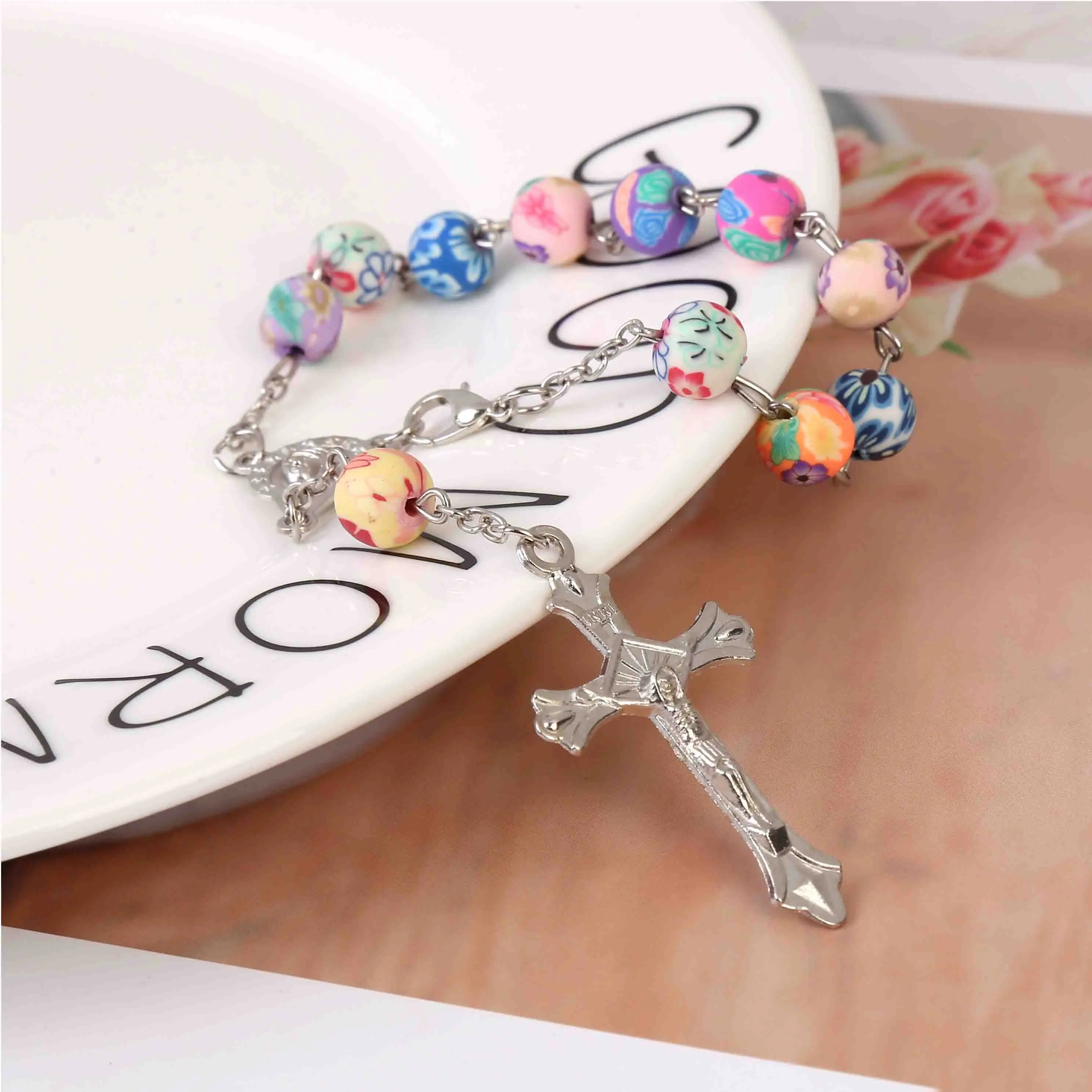 Pulsera de porcelana suave para bautismo para niños, brazalete de la Medalla de la Virgen de Guadalupe, para bautizo