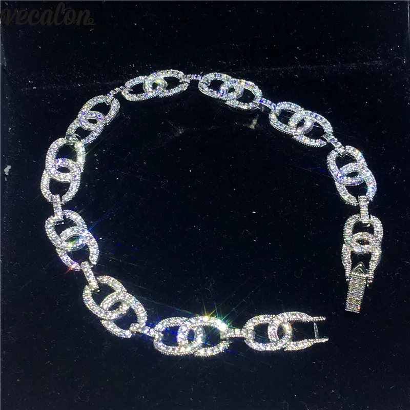 

Vecalon Hiphop Chain Bracelet Pave setting AAAAA Zircon Cz White gold filled wedding Bracelets for women men Party Jewelry