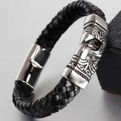 FASHION Men Bracelet Black  Vintage Leather Bracelet Stainless Steel Magnetic Clasps Bracelets Male Hot Jewelry  Ethnic Ethnic