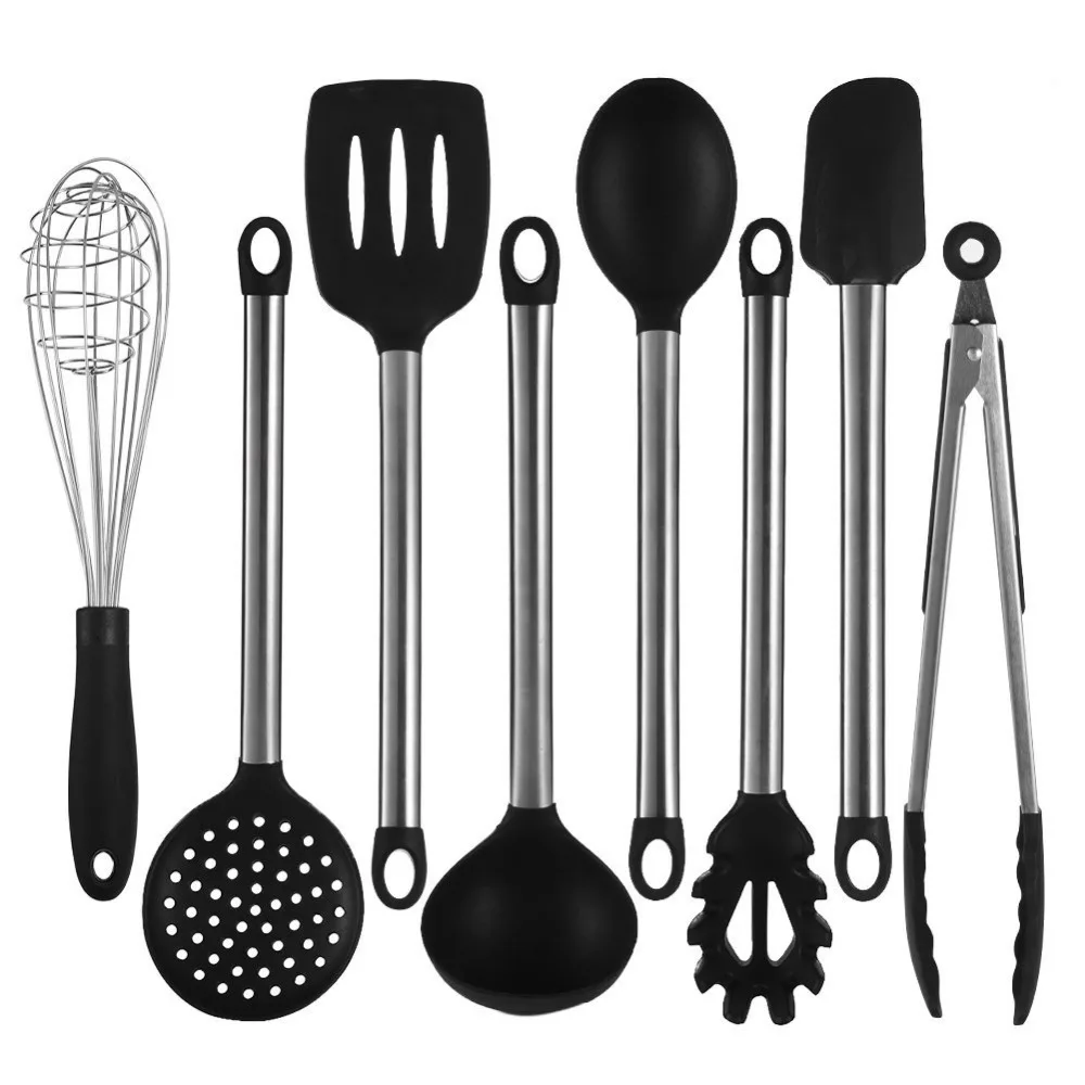 Cooking Utensils  with Nonstick Silicone & Stainless Steel-Serving Spatula, Spoon, Tongs, Whisk, Strainer, Ladle, Pasta Server,